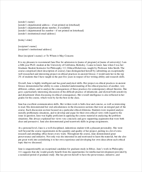 recommendation letter for research project sample