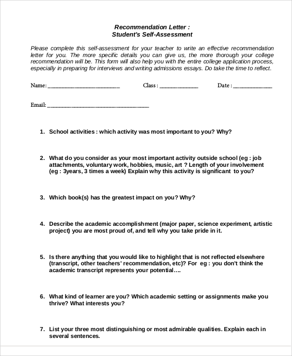 Self Reference Letter Example