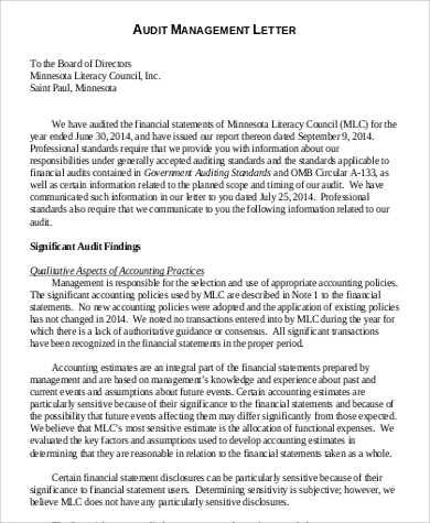 management letter by auditor Examples  120  Templates Sample Letter