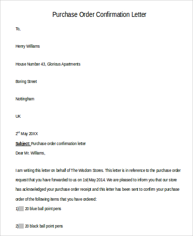 purchase order confirmation letter