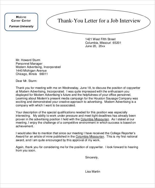 professional thank you letter for job interview