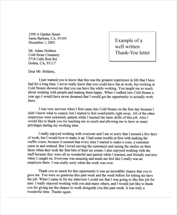 sample thank you letter to boss