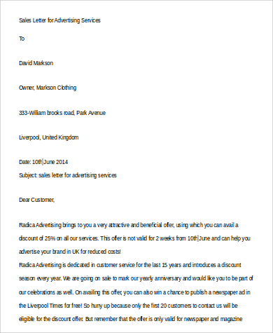 sales letter for advertising services