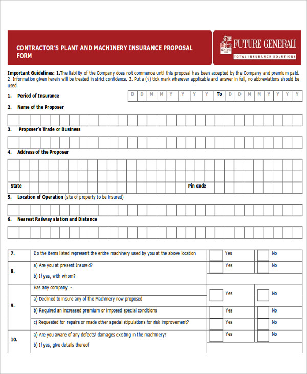 contractor plant and machinery proposal form