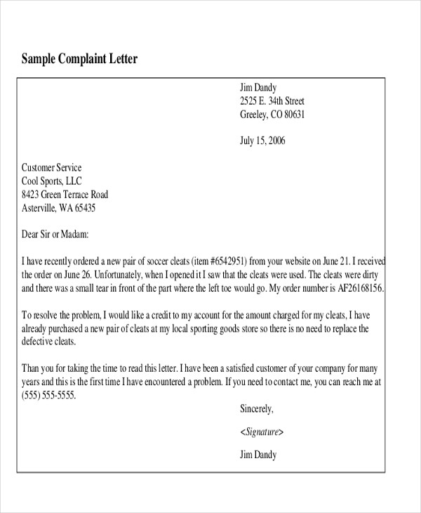 customer complaint business letter