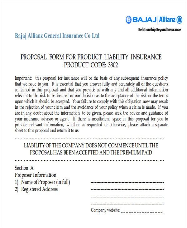 product liability proposal form