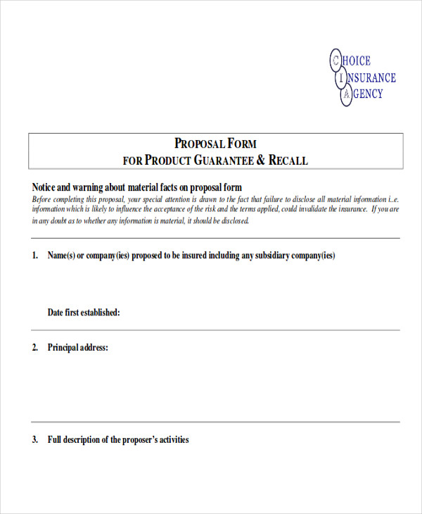 proposal form for product guarantee