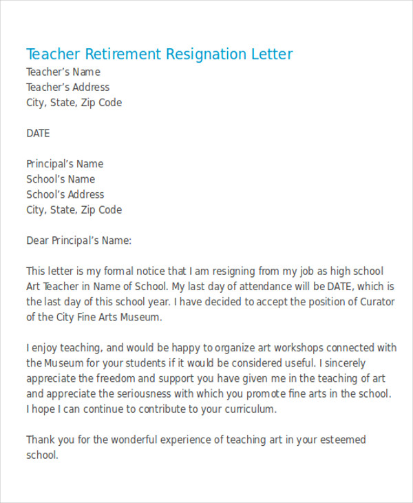 teacher retirement resignation letter