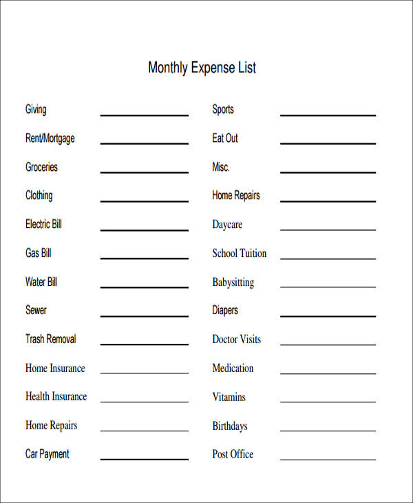 lists of monthly expense pdf