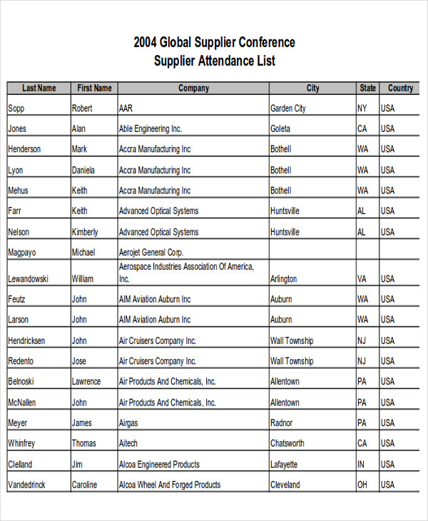 supplier attendance list