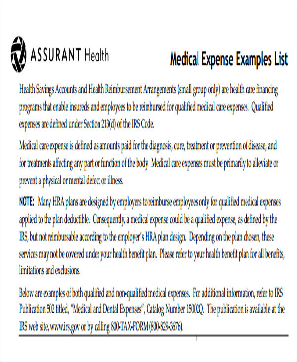 medical expense example list
