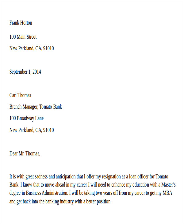 bank job resignation letter