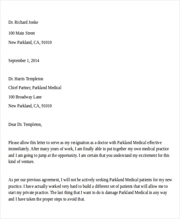 medical doctor resignation letter