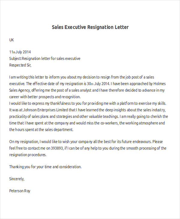 sales executive resignation letter