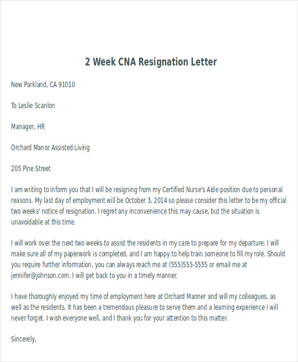 2 week cna resignation letter