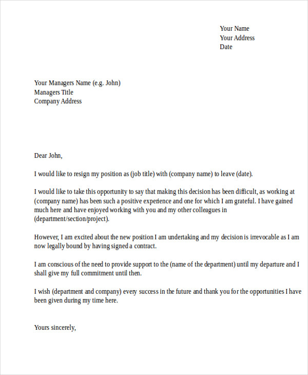 hotel job resignation letter