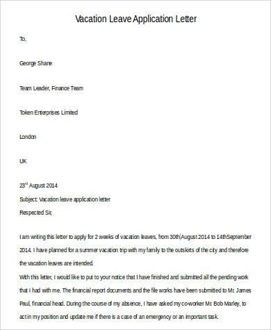 vacation leave application letter