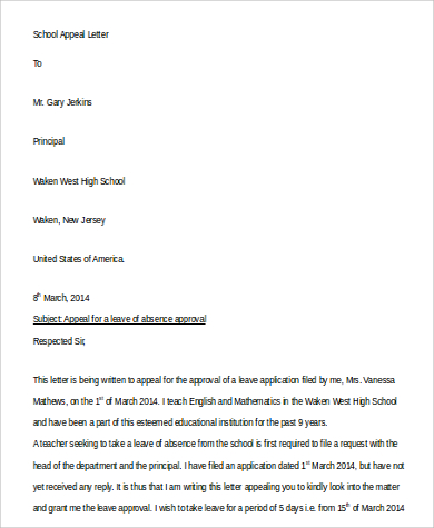 appeal letter for school
