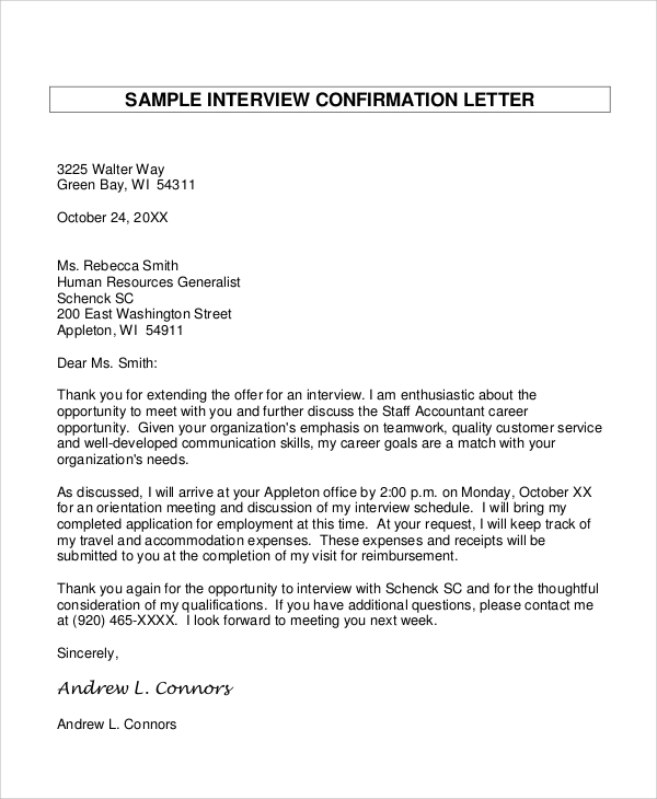 interview confirmation thank you letter