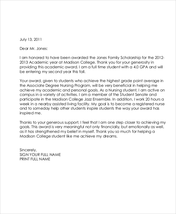 scholarship recipient thank you letter sample