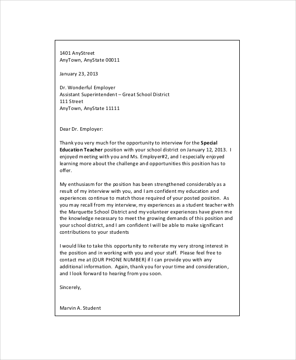 thank you letter after interview example