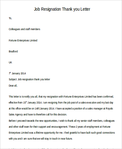 job resignation thank you letter