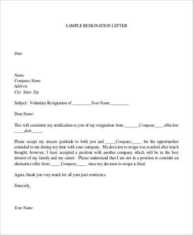 format of company resignation letter