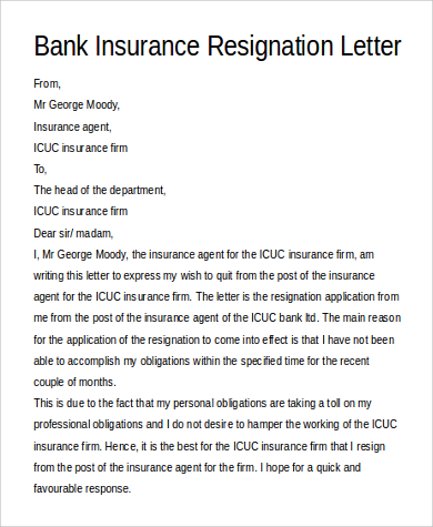 bank insurance resignation letter