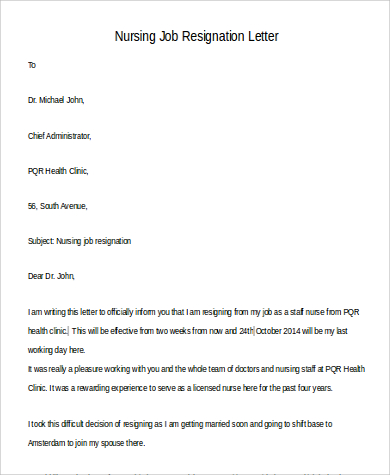 formal nursing job resignation letter