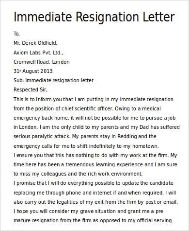 immediate resignation letter format