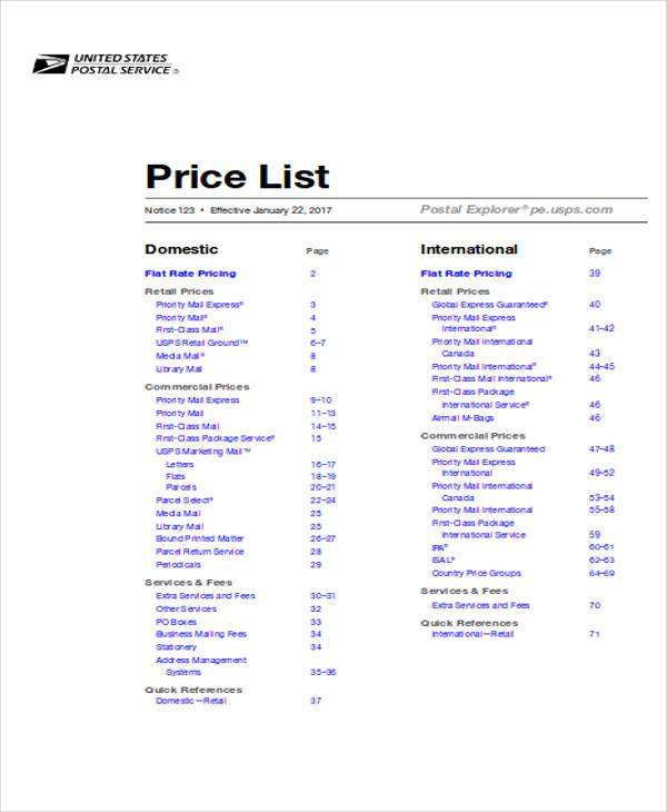 sample price list letter format