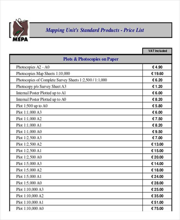 standard price list format