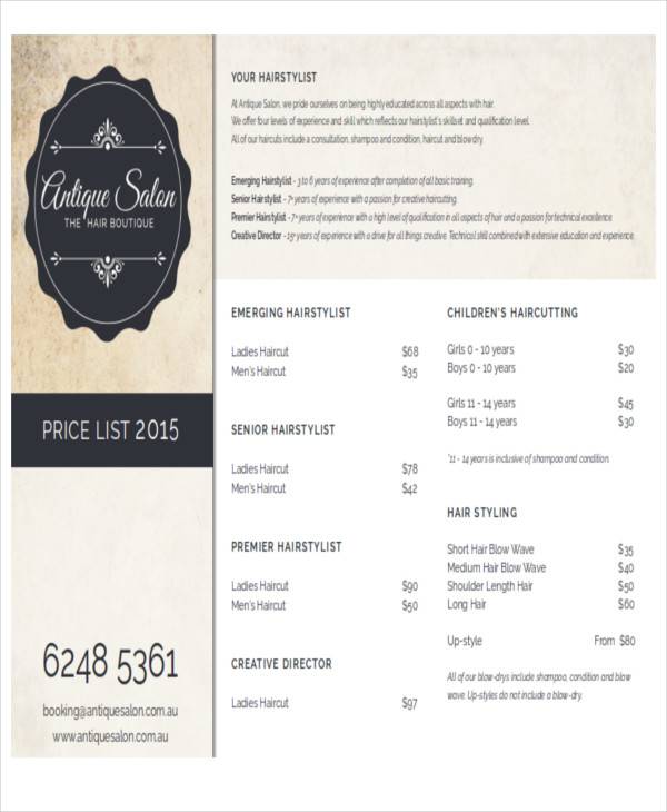 FREE 14 Salon Price List Samples In MS Word PDF