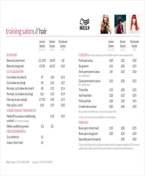 FREE 14 Salon Price List Samples Templates In Word PDF