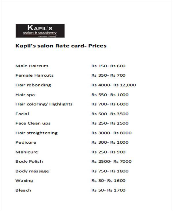 salon menu price list