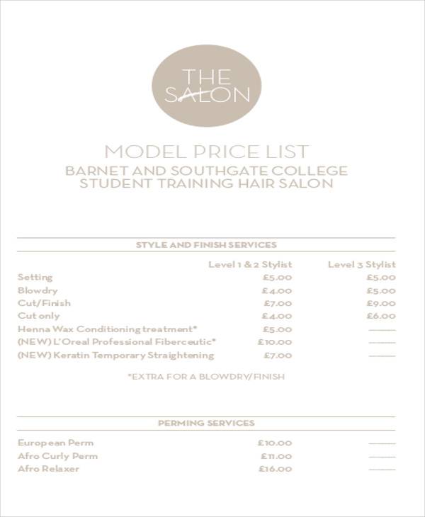 new salon price list