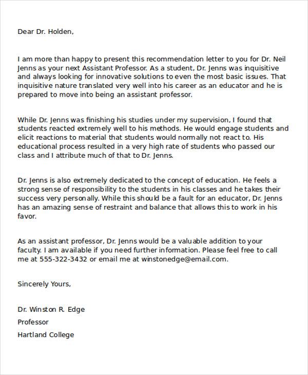 academic position recommendation letter