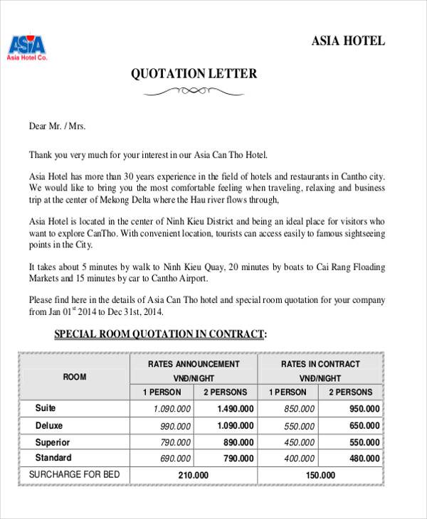 hotel room quotation letter