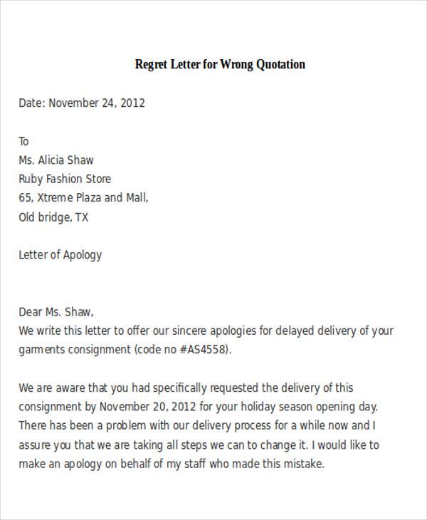 regret letter for wrong quotation