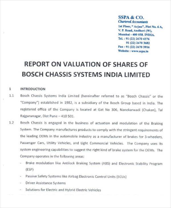 projected business valuation report