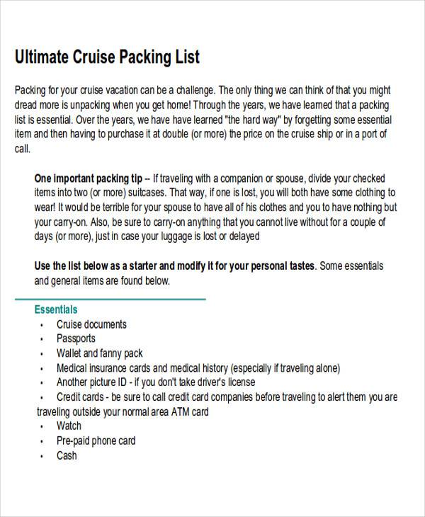 cruise packing list free