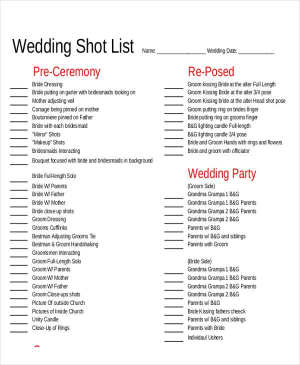 Wedding Shot List Samples in MS Word | PDF