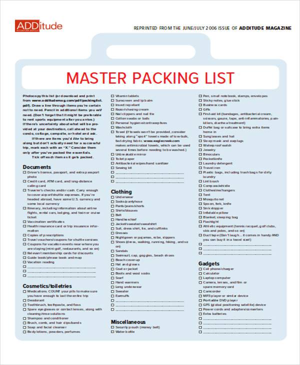 master packing list