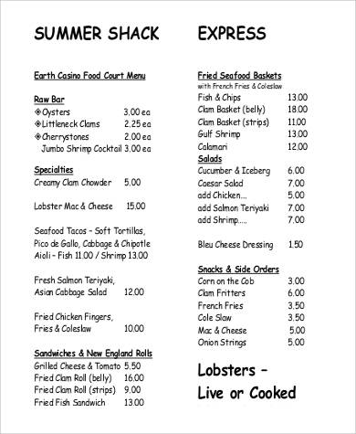 sample food court menu list