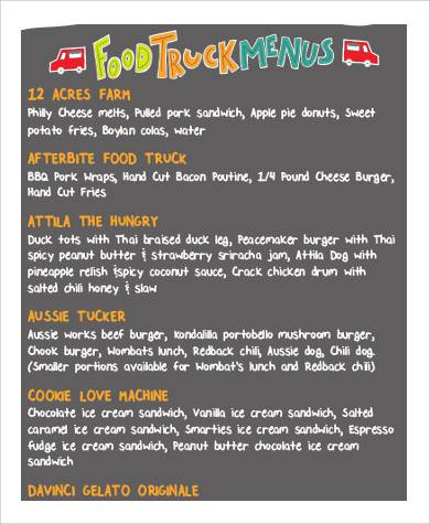 food truck menu list