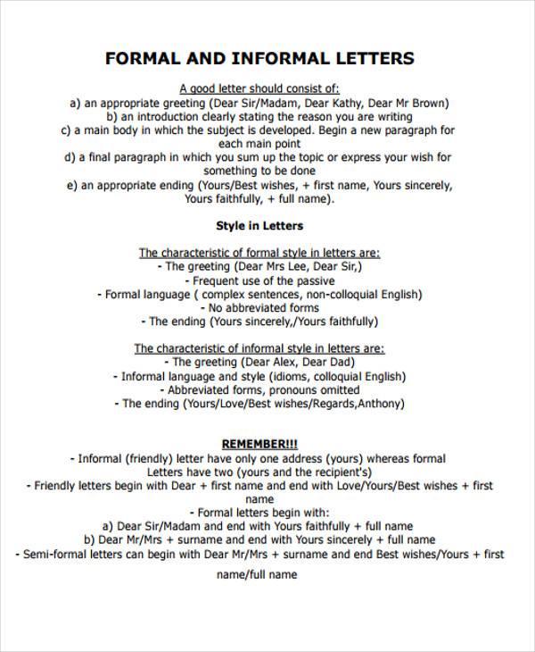 personal formal and informal letter format