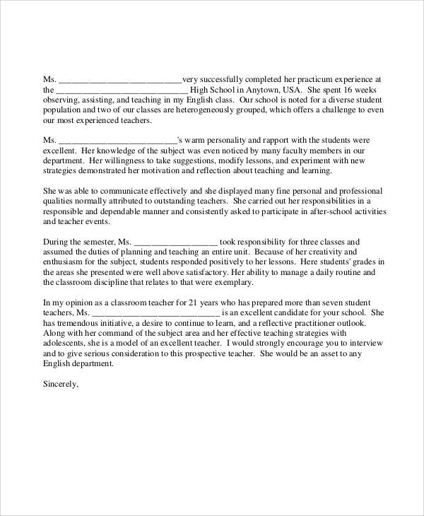 recommendation letter for teacher job