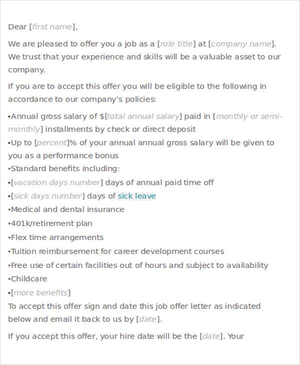 formal offer of employment letter format