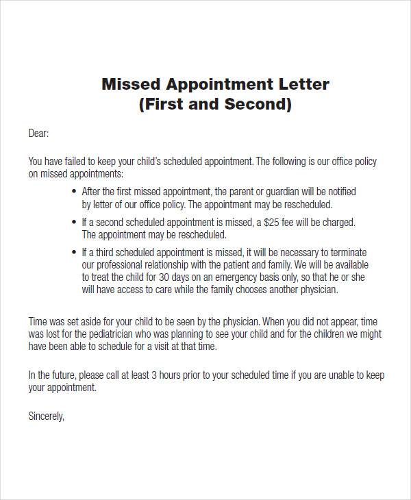 missed medical appointment letter