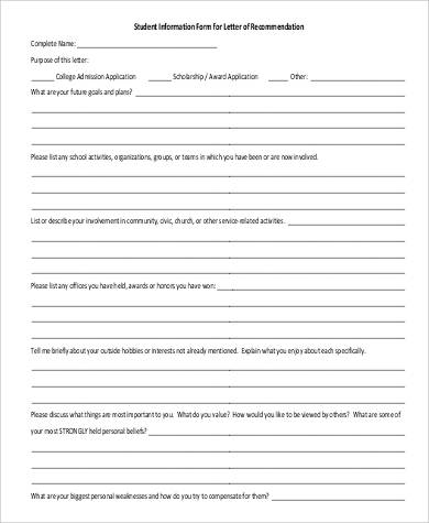 student information form of recommendation letter